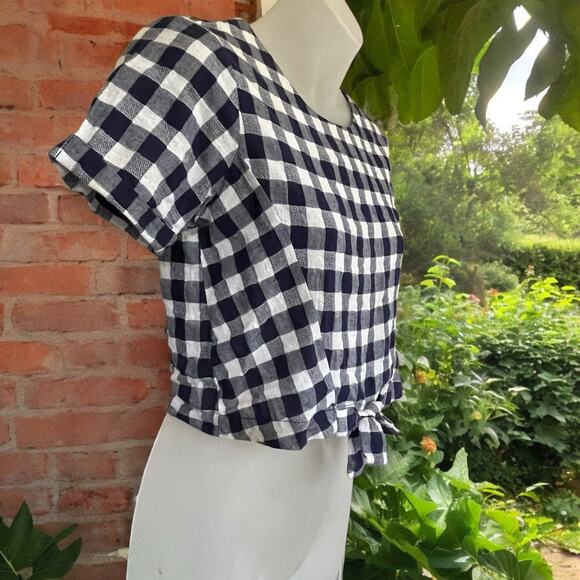 Maddie Navy Blue and White Gingam Front Tie Pull-over Blouse Size Large Summer  - Picture 4 of 11